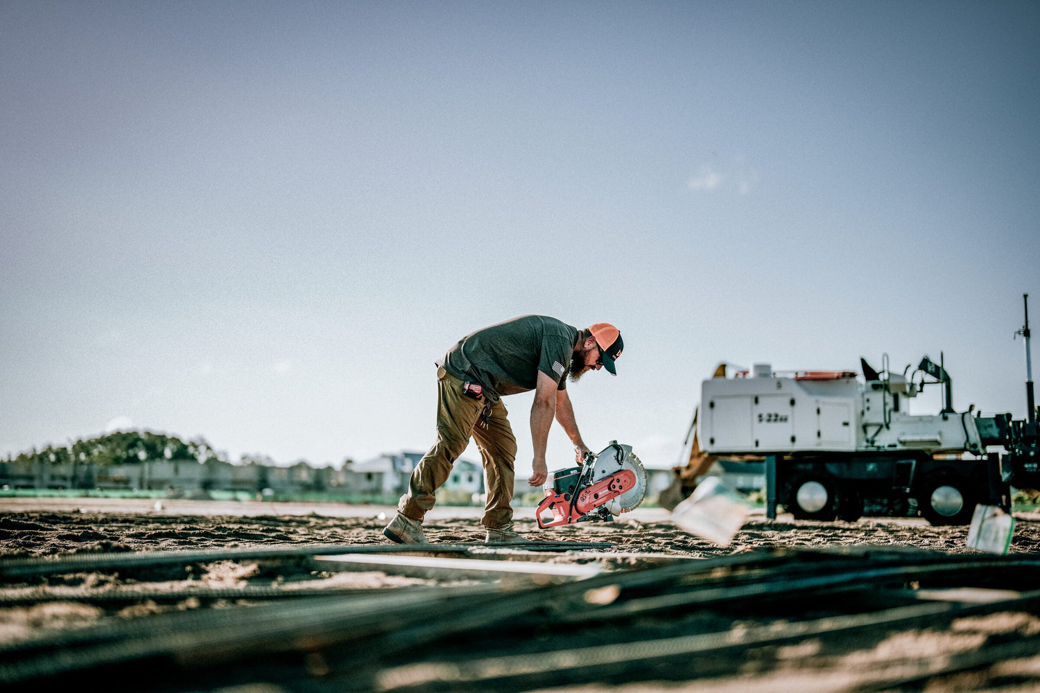 Construction worker wearing Wiley X Z87 rated safety glasses on an active jobsite