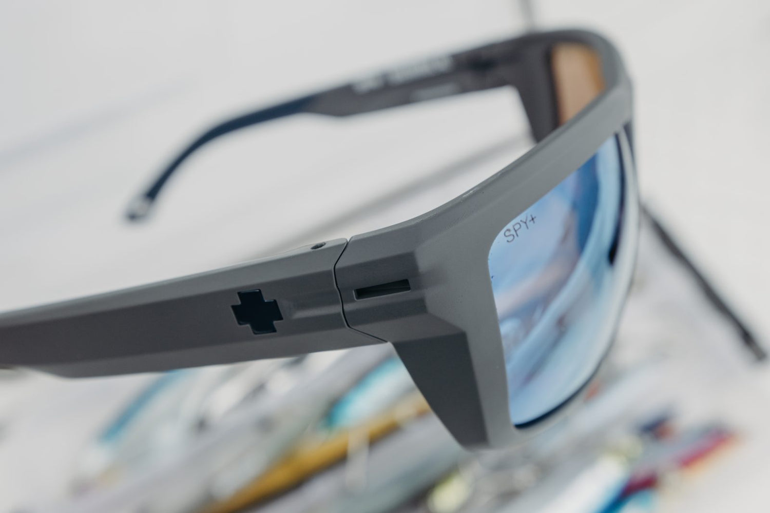 Close-up of mirrored polarized safety lenses showing the tint the polarizing filter adds