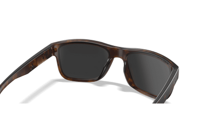 Wiley X Ovation Matte Tortoise frame, Captivate polarized black mirror lens back