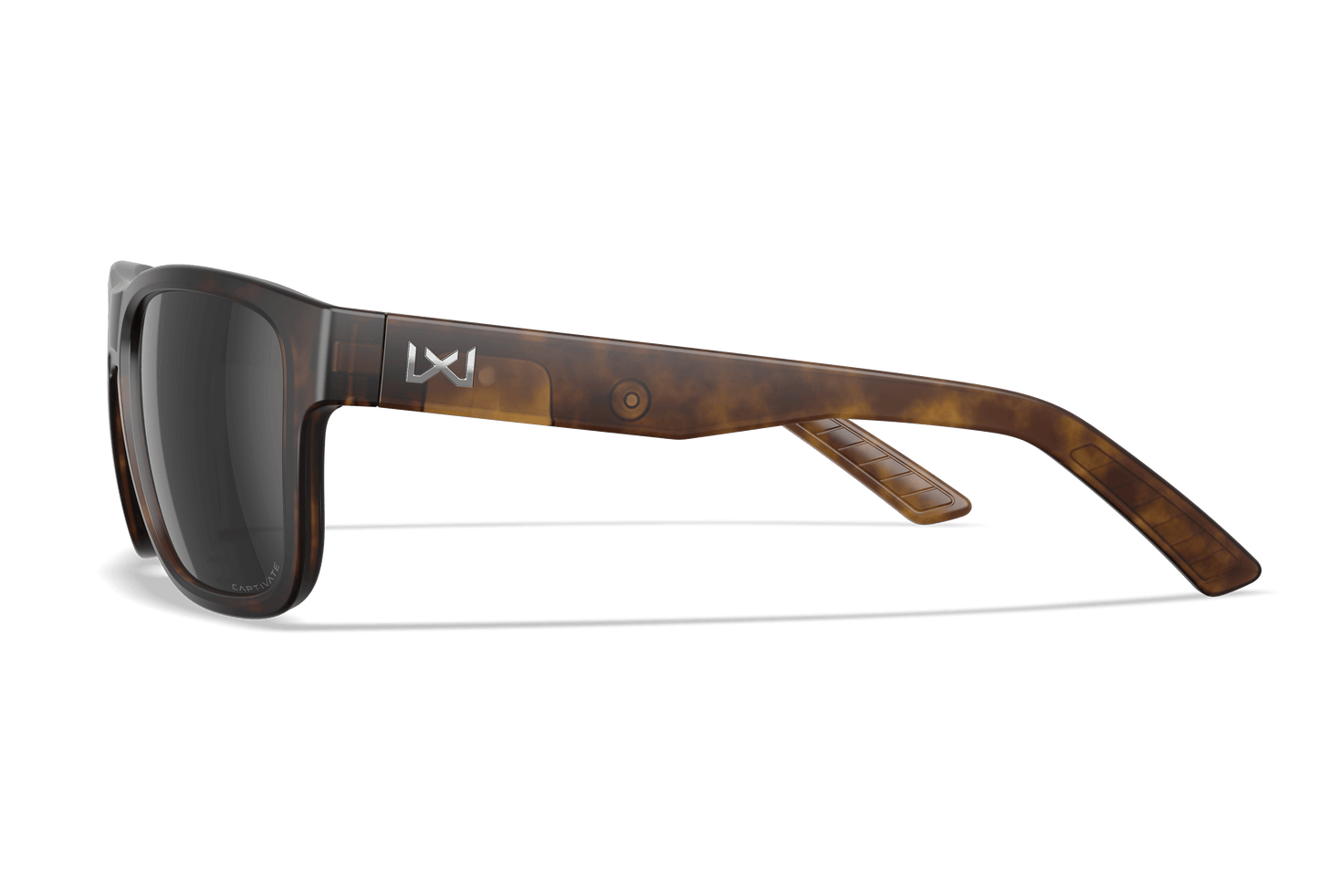 Wiley X Ovation Matte Tortoise frame, Captivate polarized black mirror lens side