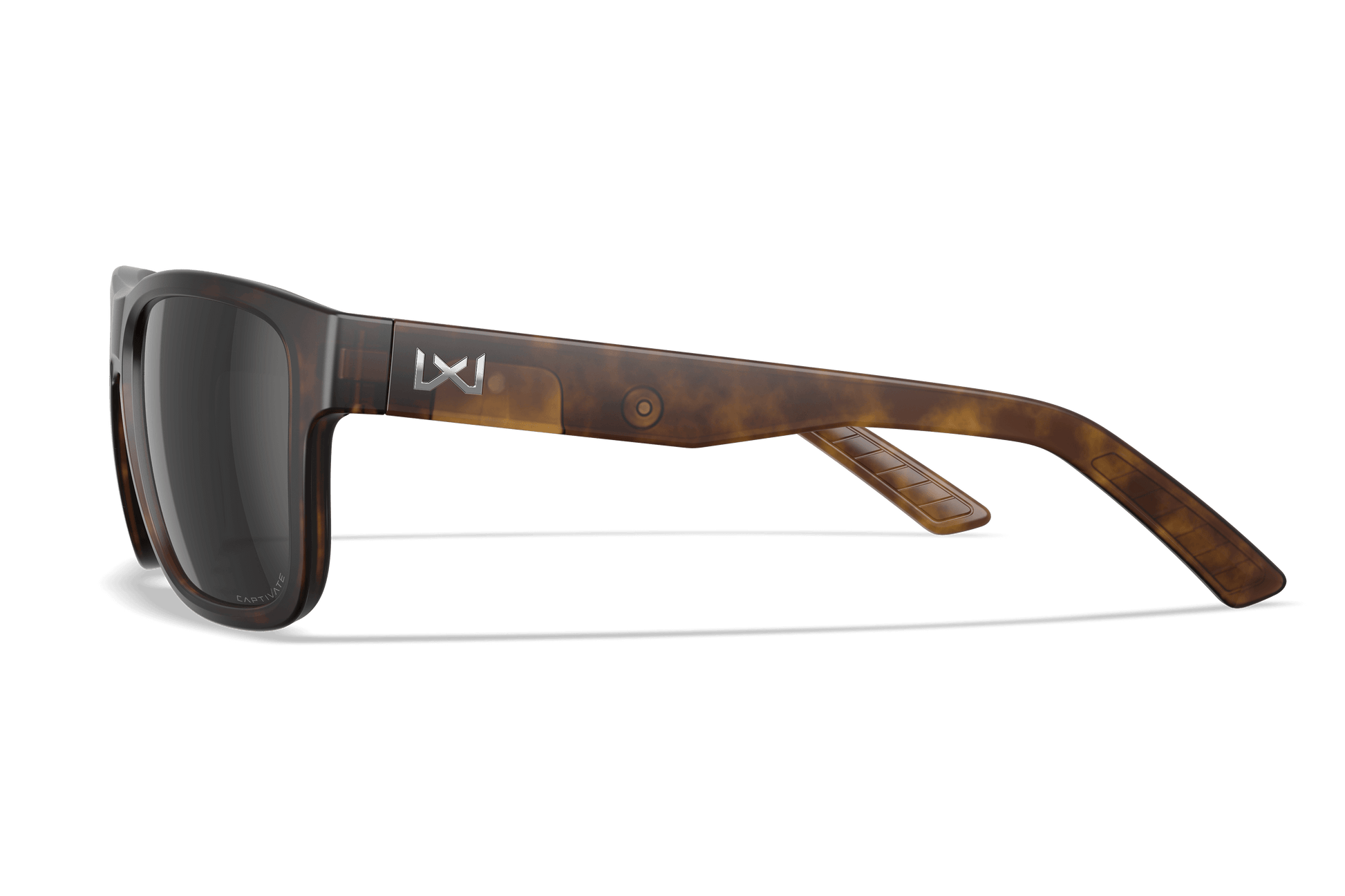 Wiley X Ovation Matte Tortoise frame, Captivate polarized black mirror lens side