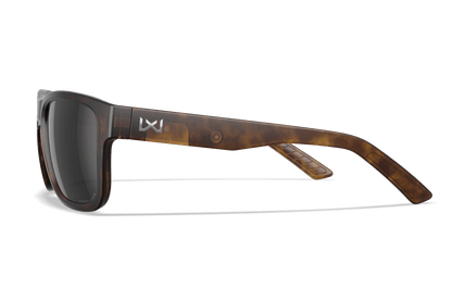 Wiley X Ovation Matte Tortoise frame, Captivate polarized black mirror lens side