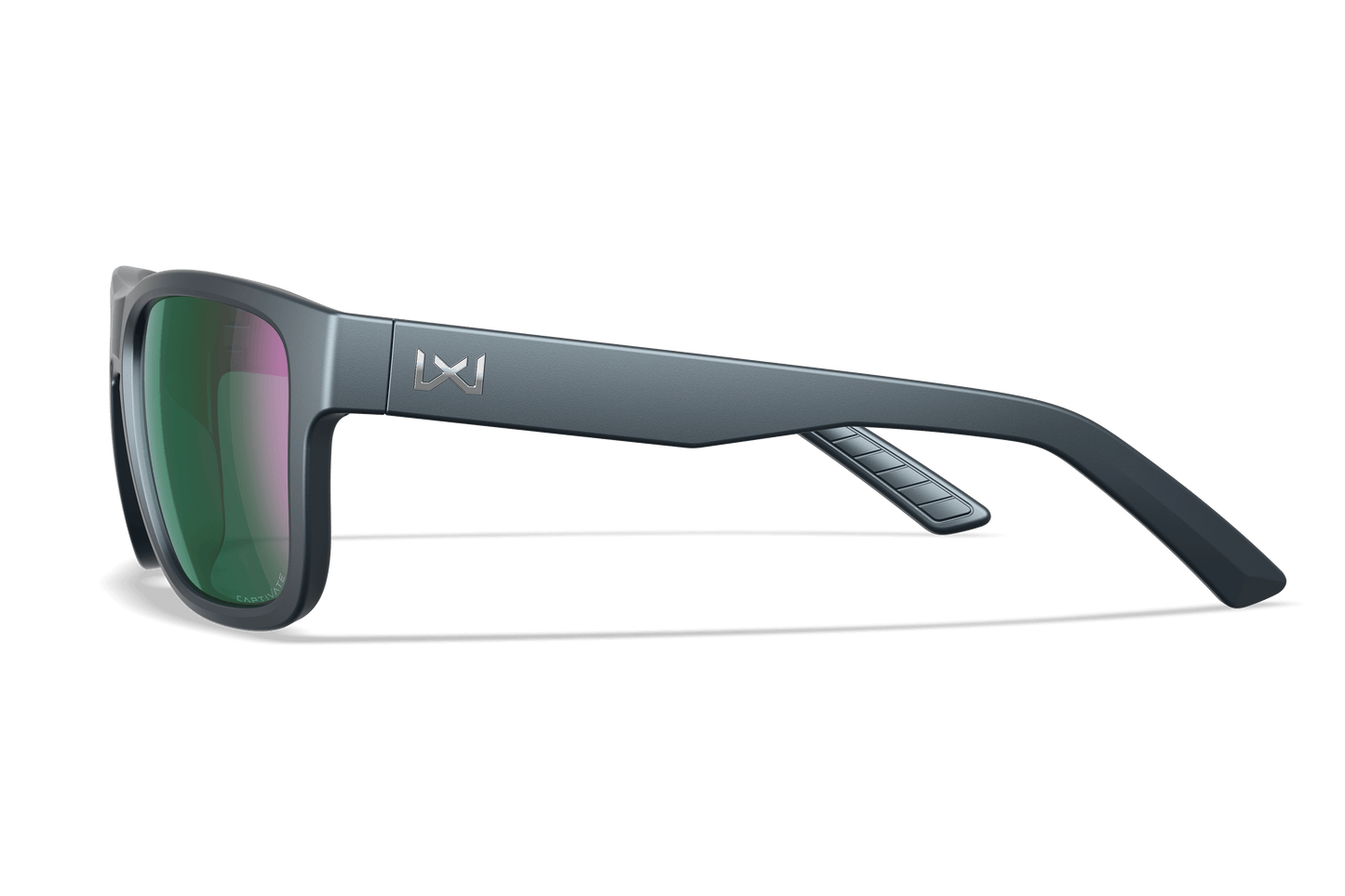 Wiley X Ovation Matte Graphite Grey frame, Captivate polarized green mirror lens side